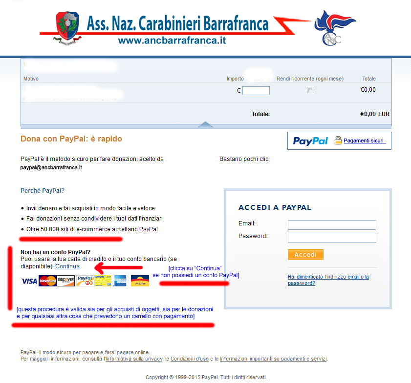 Istruzioni pagamento senza conto PayPal